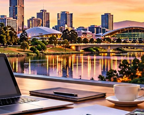 Division 7A documents, laptop and calculator on a desk overlooking the Adelaide skyline and River Torrens at sunset