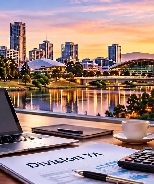 Division 7A documents, laptop and calculator on a desk overlooking the Adelaide skyline and River Torrens at sunset