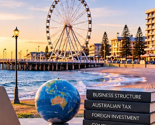 Globe, laptop and books on business structure, Australian tax, foreign investment and compliance at Glenelg beach, Adelaide