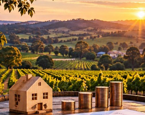 Model house and stacked coins on a table overlooking Adelaide Hills vineyards at sunset