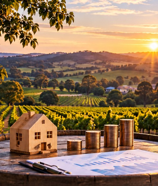 Model house and stacked coins on a table overlooking Adelaide Hills vineyards at sunset